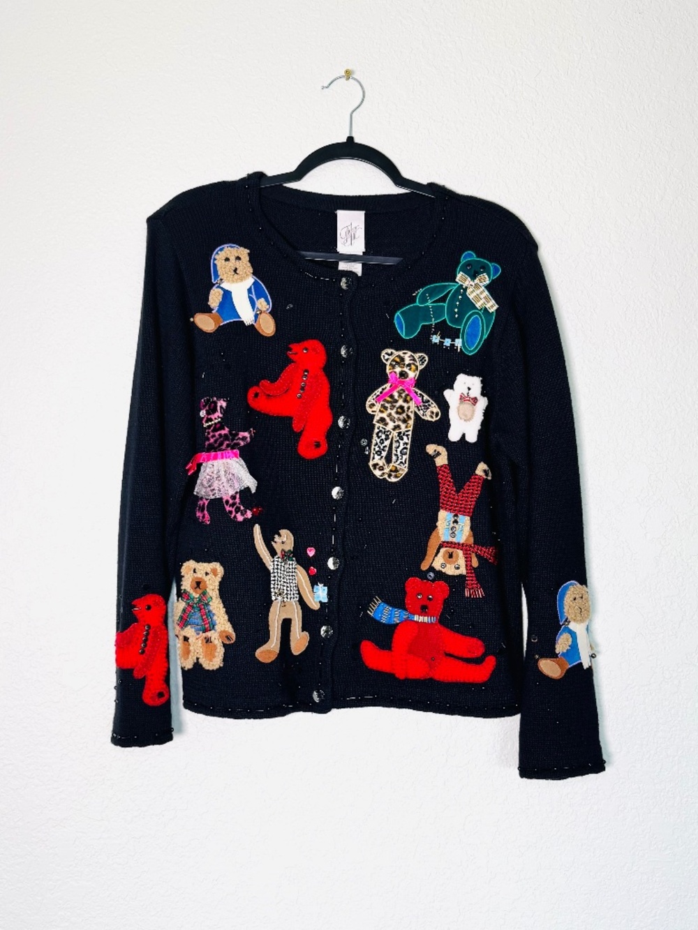 Vintage Susan Bristol Teddy Bear Applique Cardigan Sweater L Black Remie Festive